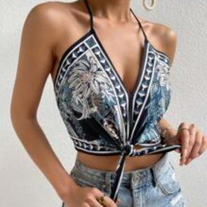 Floral Print Tie Front Halter Top